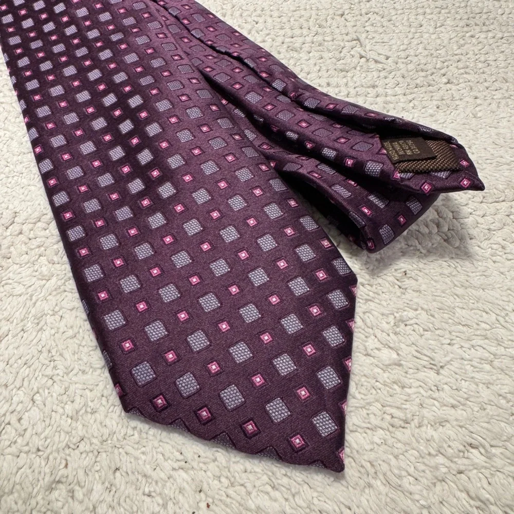 Tasso Elba Tie Purple Pink Geometric Square 100% Silk Handmade Necktie Luxury